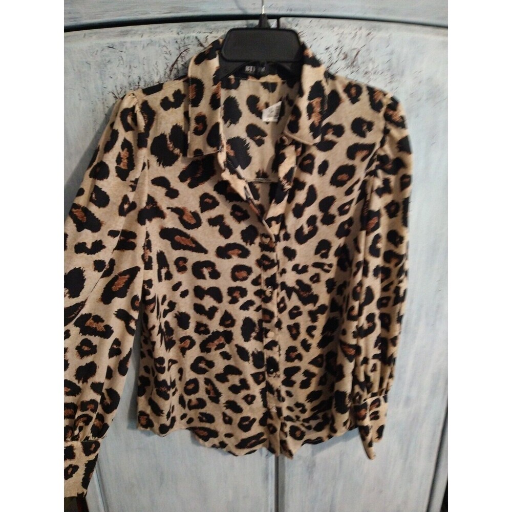 Btfbm Puff Sleeve Leopard Collared Button Up Top … - image 1